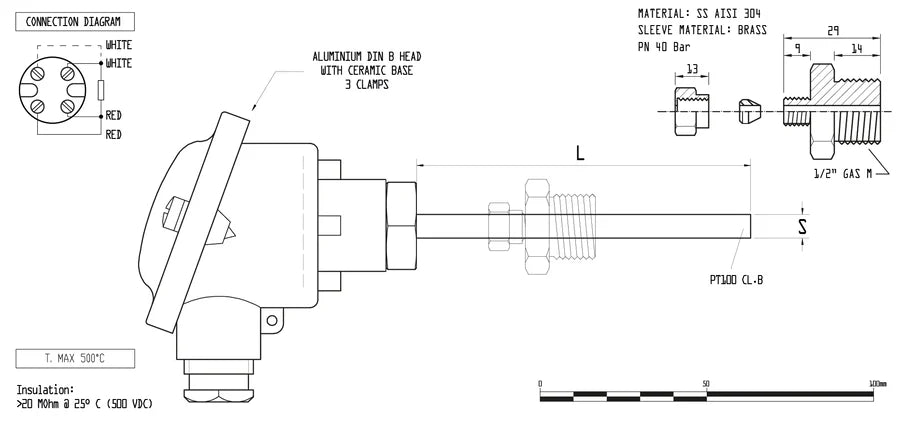 Pixsys PT100 | PTS Thermoresistance with Din/B Head 100mm